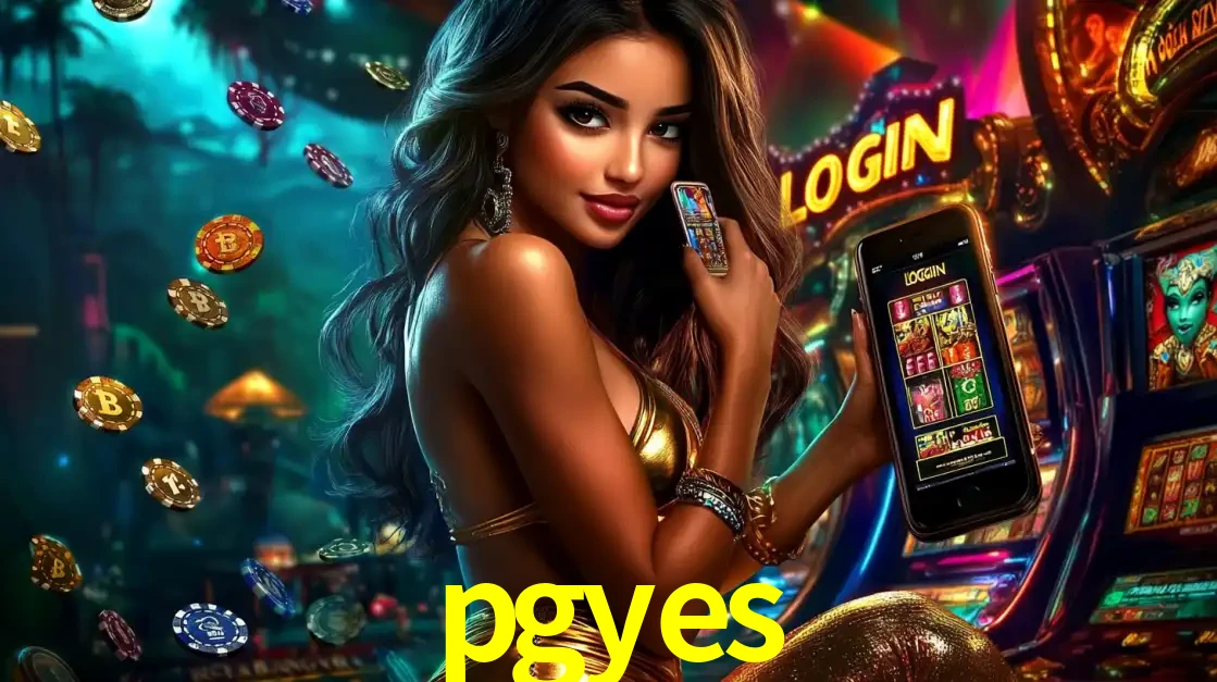 Mulher em um cenário de cassino temático de aventura, mostrando o app de caça-níqueis da pgyes no celular. Fichas de apostas flutuam ao redor.
